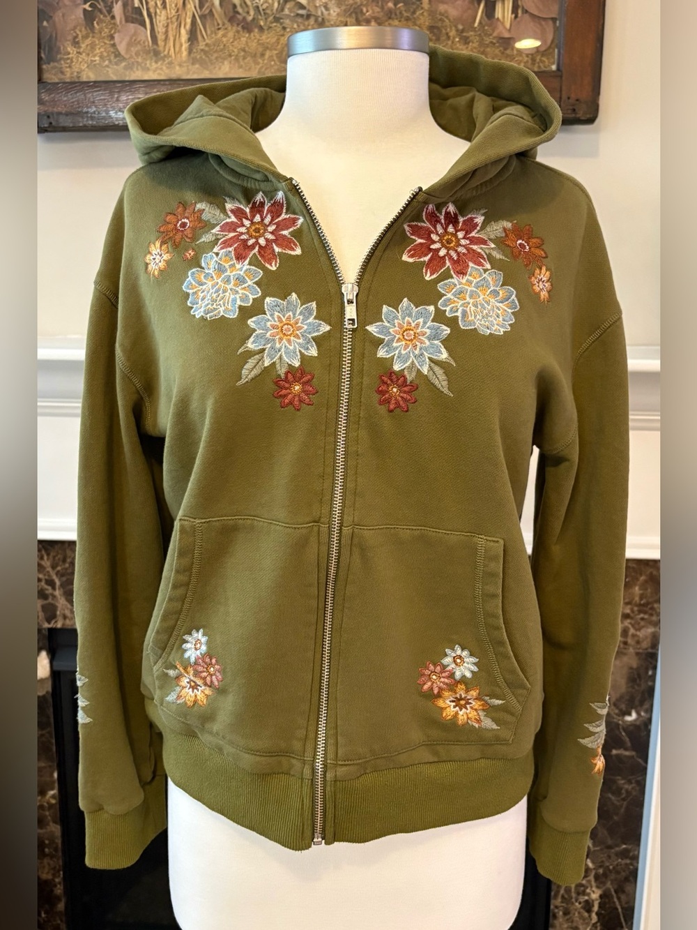 DRIFTWOOD Neptune Full Zip Olive Green Floral Embroidered Hoodie Medium